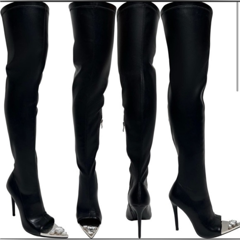 Azalea Wang “Clover” Over-the-Knee Peep-Toe Boots Size 9 Black